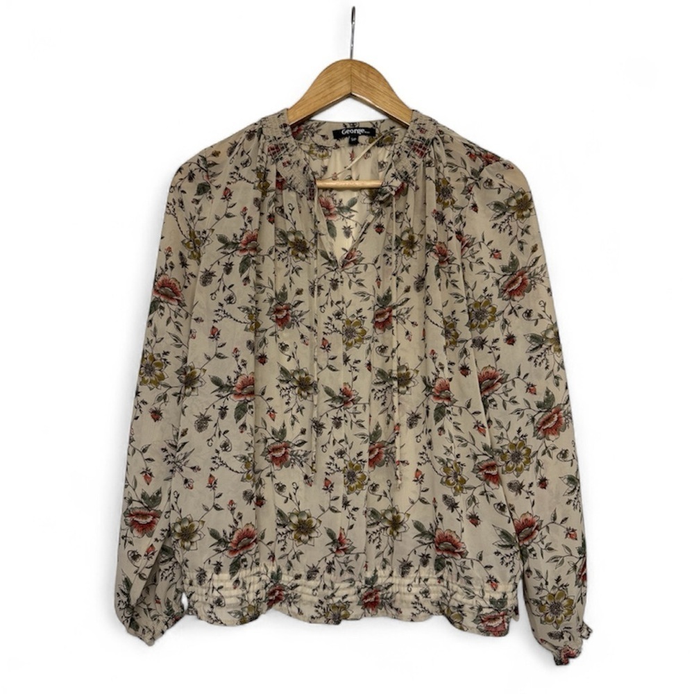 Boho Peasant Blouse Women's Small Beige Long Sleeve Smocked